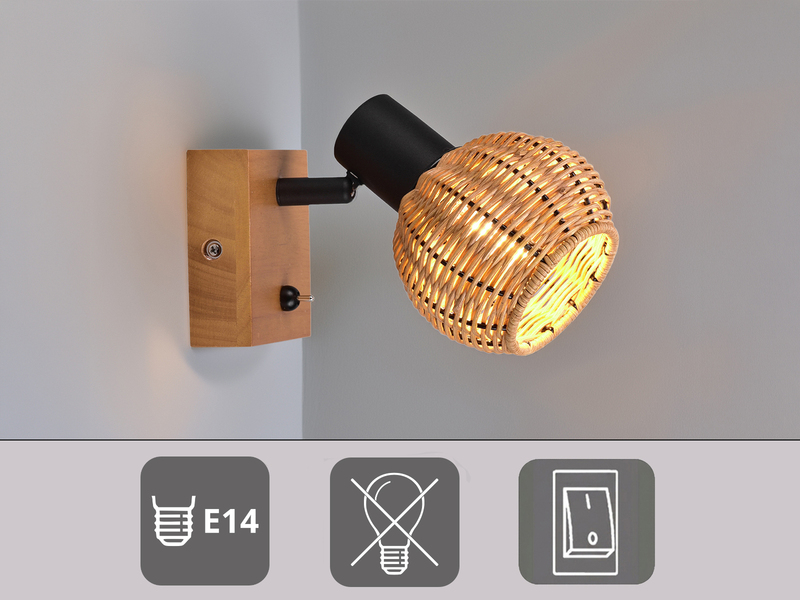 Wandstrahler TAVAR mit Schalter, Holz & Rattan Korbgeflecht, Breite 10,5cm