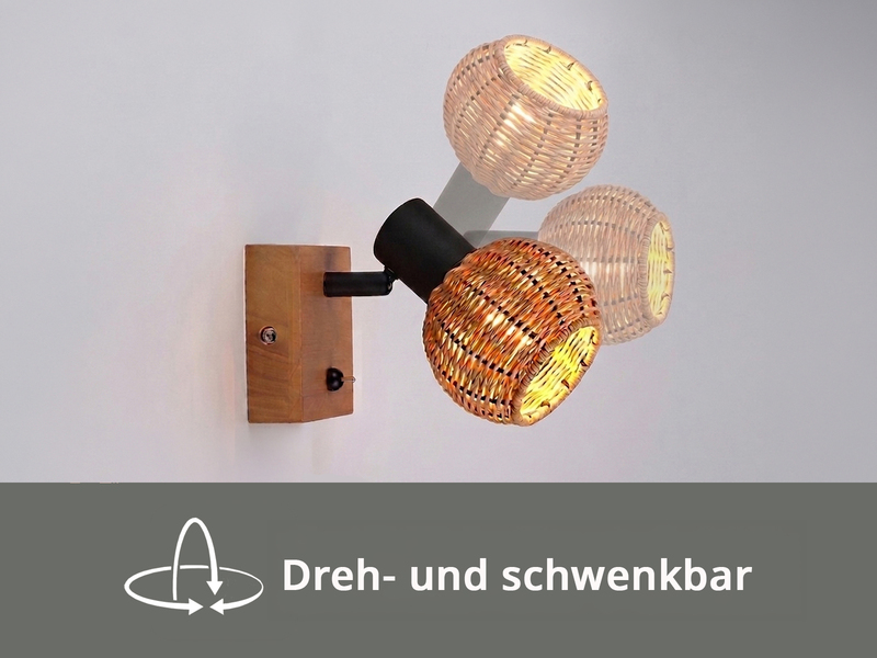 Wandstrahler TAVAR mit Schalter, Holz & Rattan Korbgeflecht, Breite 10,5cm