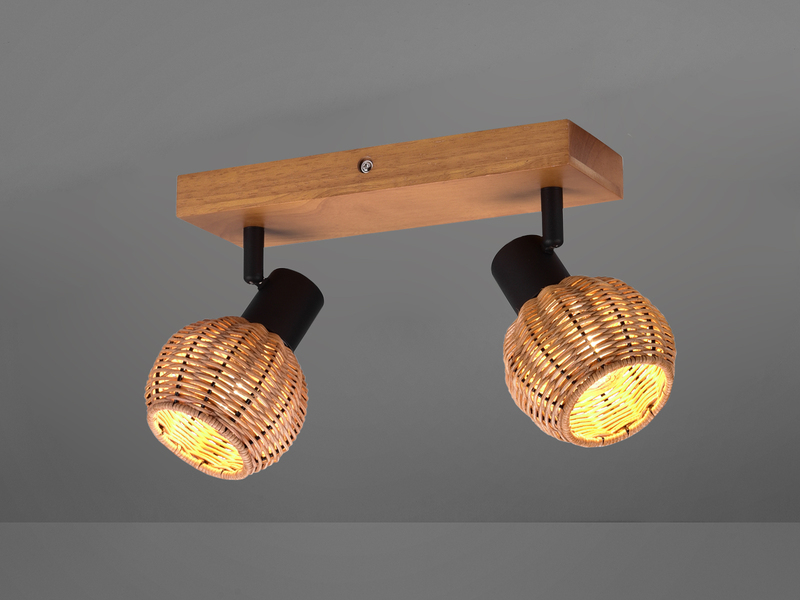 Deckenstrahler TAVAR 2-flammig Holz mit Rattan Korbgeflecht, Breite 30cm