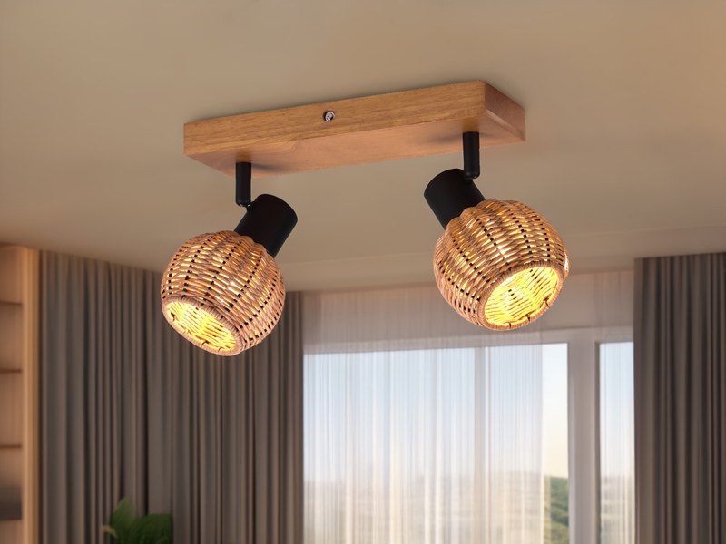 Deckenstrahler TAVAR 2-flammig Holz mit Rattan Korbgeflecht, Breite 30cm