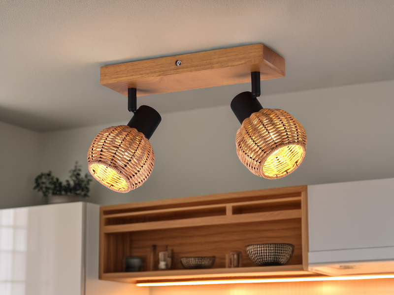 Deckenstrahler TAVAR 2-flammig Holz mit Rattan Korbgeflecht, Breite 30cm