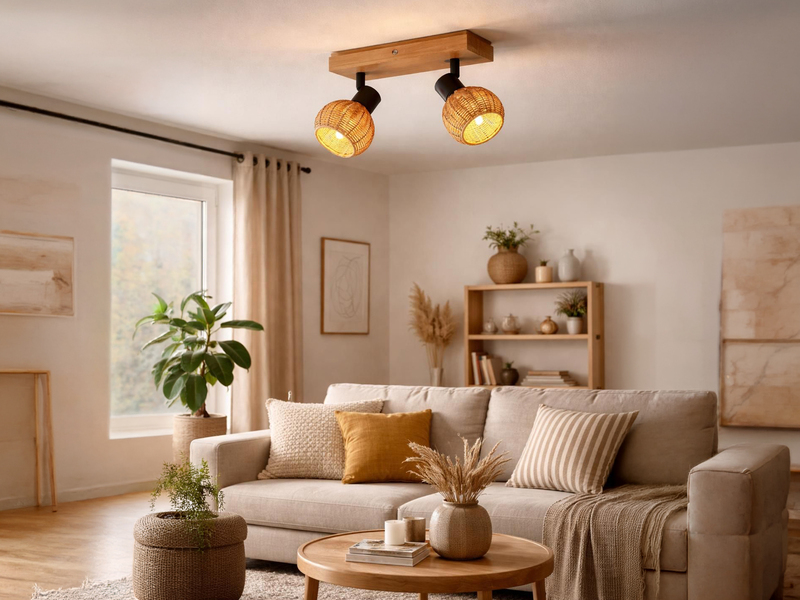 Deckenstrahler TAVAR 2-flammig Holz mit Rattan Korbgeflecht, Breite 30cm