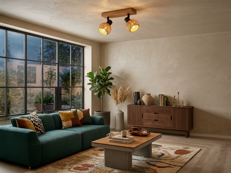 Deckenstrahler TAVAR 2-flammig Holz mit Rattan Korbgeflecht, Breite 30cm