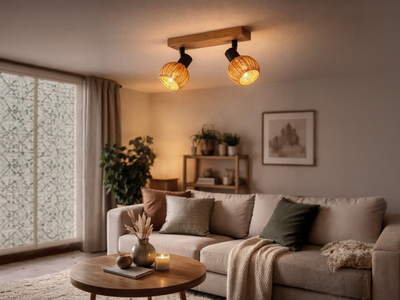 Deckenstrahler TAVAR 2-flammig Holz mit Rattan Korbgeflecht, Breite 30cm