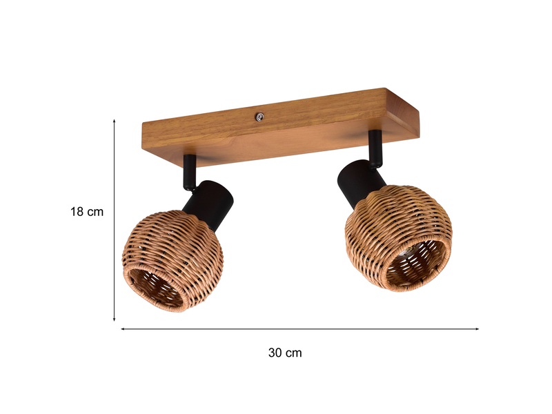 Deckenstrahler TAVAR 2-flammig Holz mit Rattan Korbgeflecht, Breite 30cm