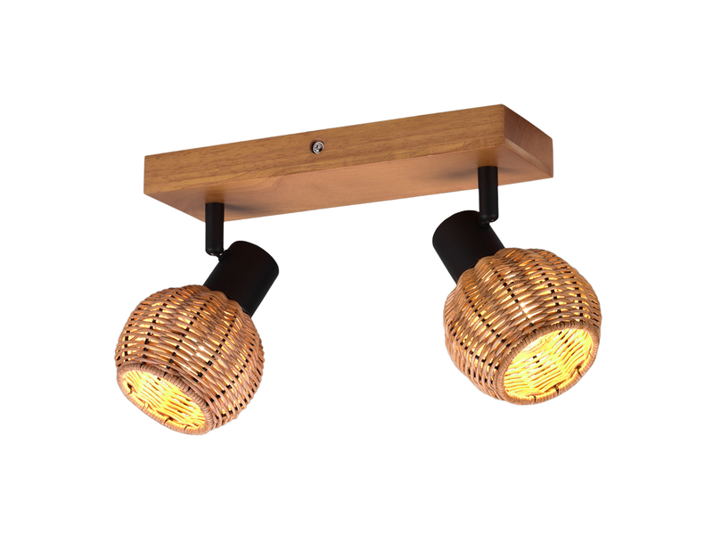 Deckenstrahler TAVAR 2-flammig Holz mit Rattan Korbgeflecht, Breite 30cm