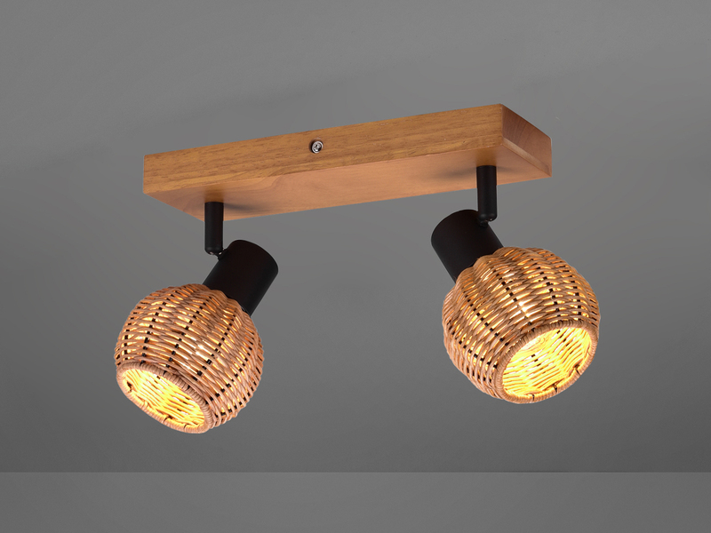 Deckenstrahler TAVAR 2-flammig Holz mit Rattan Korbgeflecht, Breite 30cm
