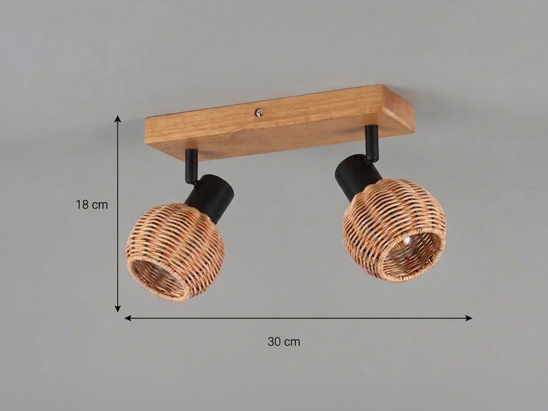 Deckenstrahler TAVAR 2-flammig Holz mit Rattan Korbgeflecht, Breite 30cm