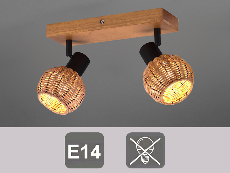 Deckenstrahler TAVAR 2-flammig Holz mit Rattan Korbgeflecht, Breite 30cm