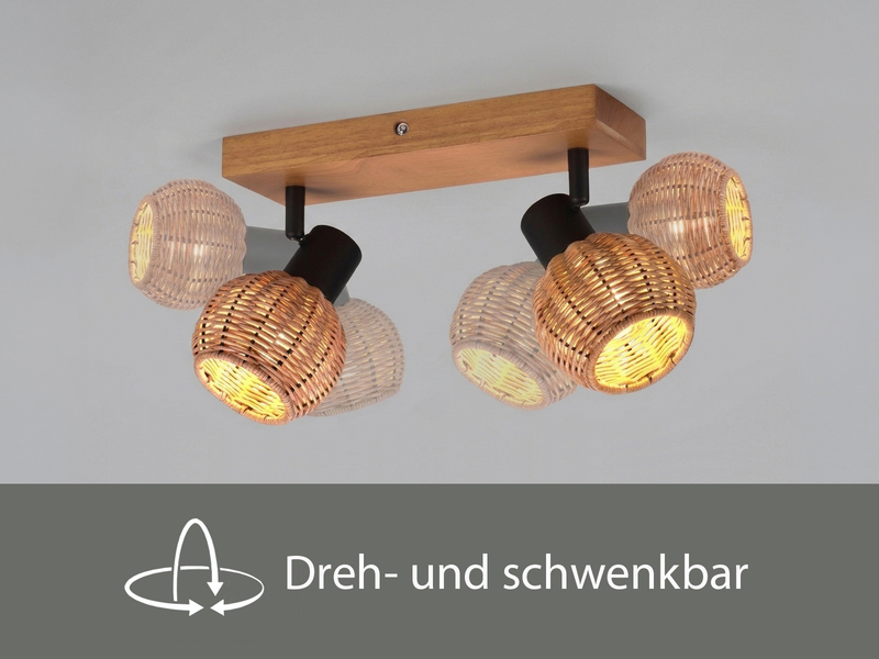 Deckenstrahler TAVAR 2-flammig Holz mit Rattan Korbgeflecht, Breite 30cm
