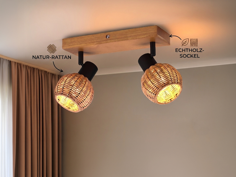 Deckenstrahler TAVAR 2-flammig Holz mit Rattan Korbgeflecht, Breite 30cm