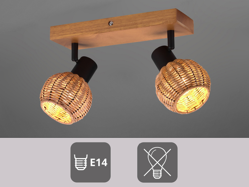 Deckenstrahler TAVAR 2-flammig Holz mit Rattan Korbgeflecht, Breite 30cm