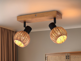 Deckenstrahler TAVAR 2-flammig Holz mit Rattan Korbgeflecht, Breite 30cm