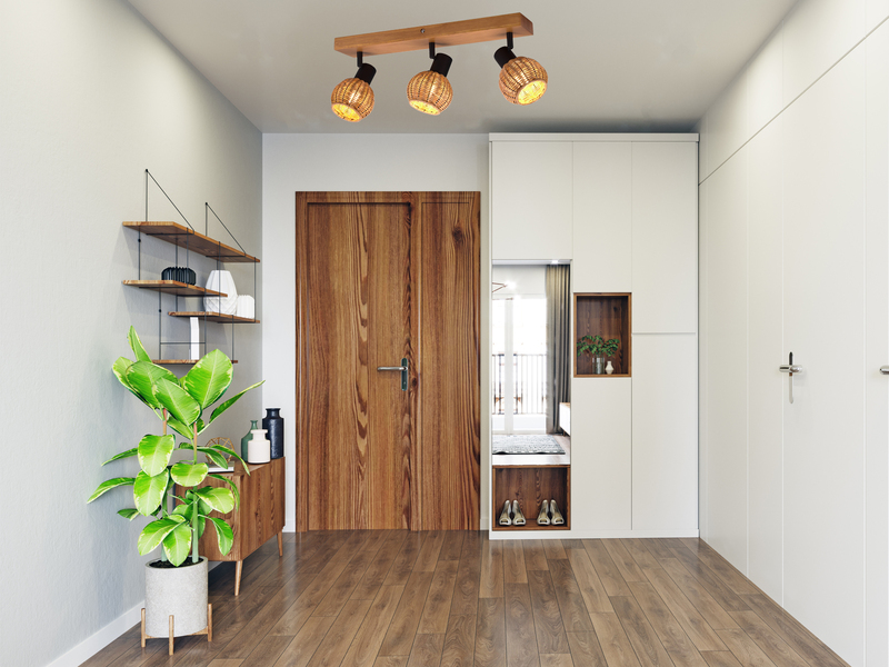 Deckenstrahler TAVAR 3-flammig Holz mit Rattan Korbgeflecht, Breite 50cm