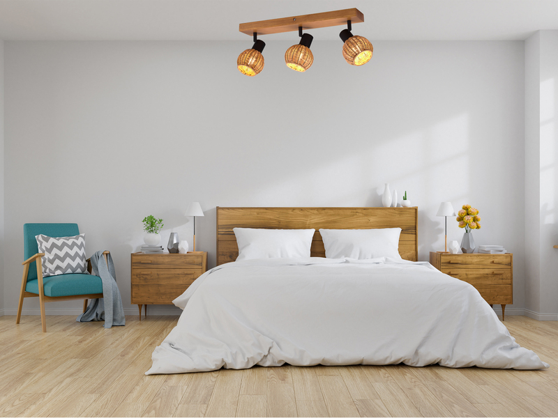 Deckenstrahler TAVAR 3-flammig Holz mit Rattan Korbgeflecht, Breite 50cm