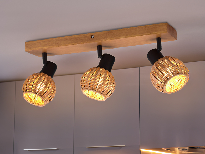 Deckenstrahler TAVAR 3-flammig Holz mit Rattan Korbgeflecht, Breite 50cm