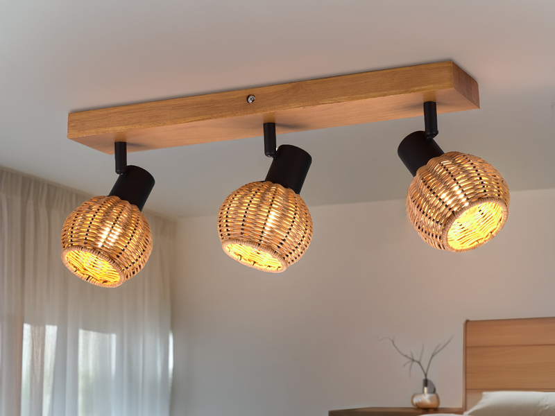 Deckenstrahler TAVAR 3-flammig Holz mit Rattan Korbgeflecht, Breite 50cm