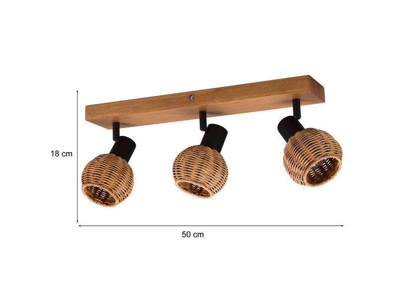 Deckenstrahler TAVAR 3-flammig Holz mit Rattan Korbgeflecht, Breite 50cm