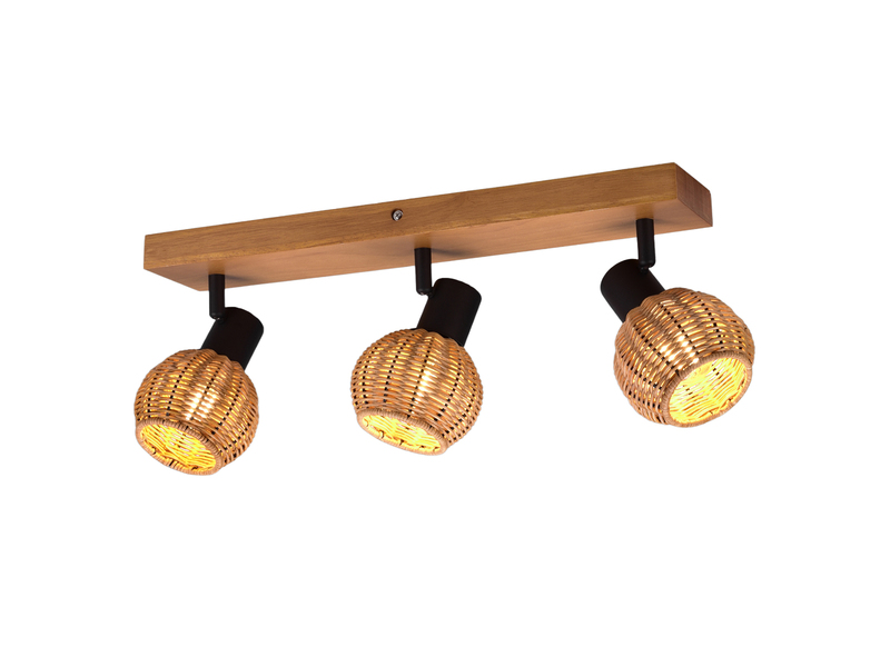 Deckenstrahler TAVAR 3-flammig Holz mit Rattan Korbgeflecht, Breite 50cm