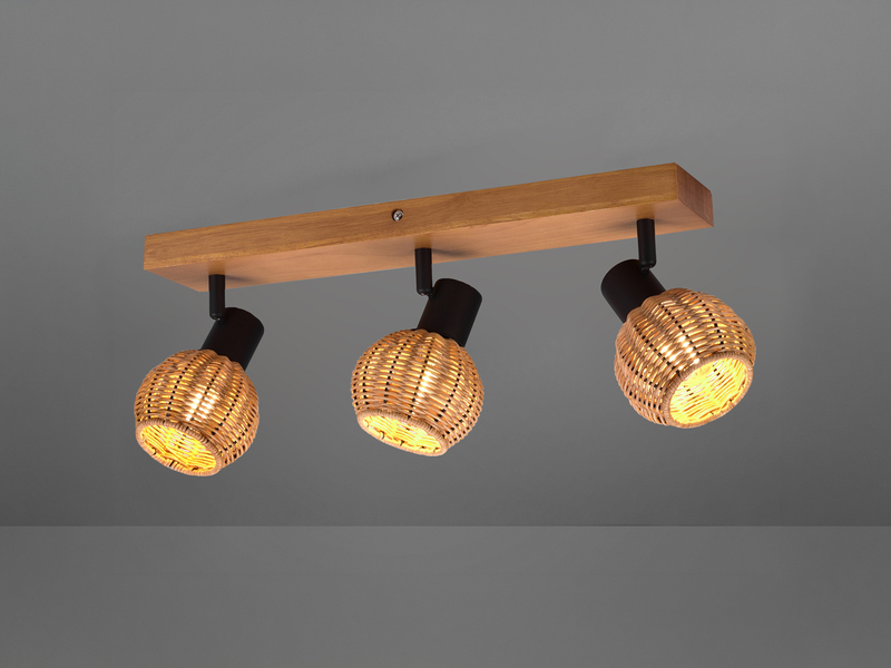 Deckenstrahler TAVAR 3-flammig Holz mit Rattan Korbgeflecht, Breite 50cm