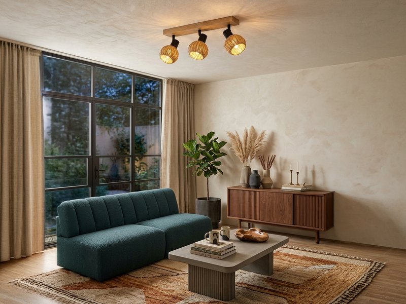 Deckenstrahler TAVAR 3-flammig Holz mit Rattan Korbgeflecht, Breite 50cm