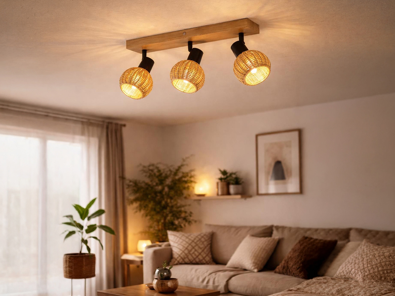 Deckenstrahler TAVAR 3-flammig Holz mit Rattan Korbgeflecht, Breite 50cm