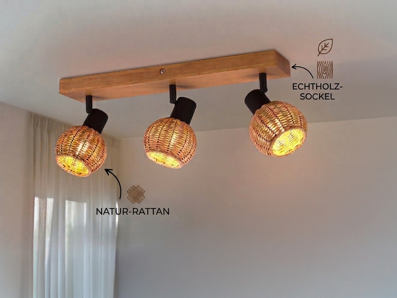 Deckenstrahler TAVAR 3-flammig Holz mit Rattan Korbgeflecht, Breite 50cm
