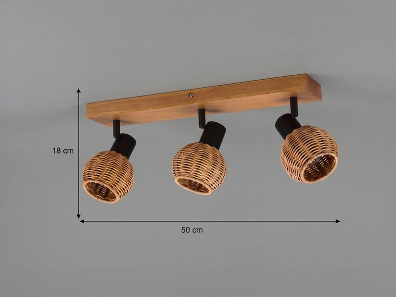 Deckenstrahler TAVAR 3-flammig Holz mit Rattan Korbgeflecht, Breite 50cm