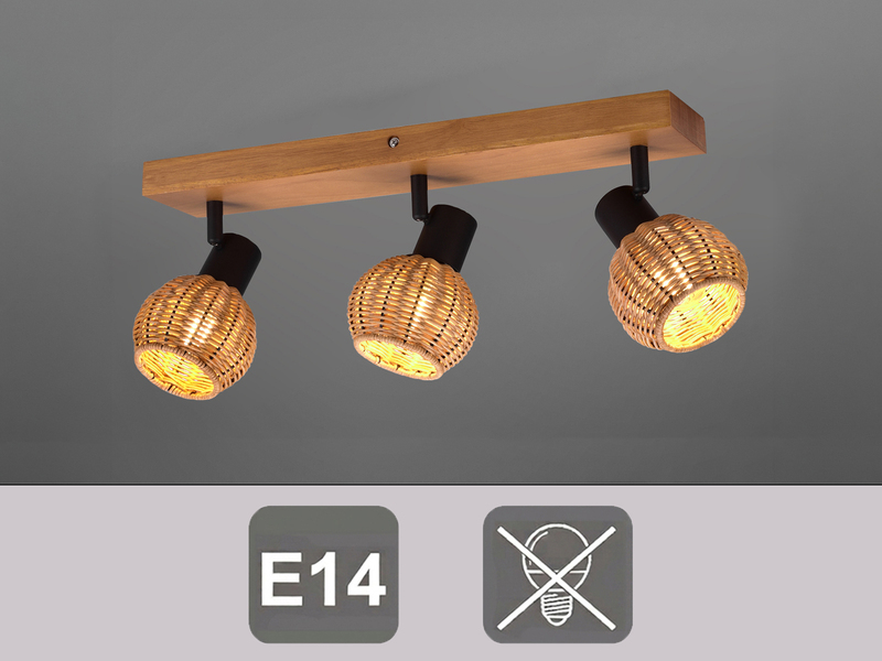 Deckenstrahler TAVAR 3-flammig Holz mit Rattan Korbgeflecht, Breite 50cm