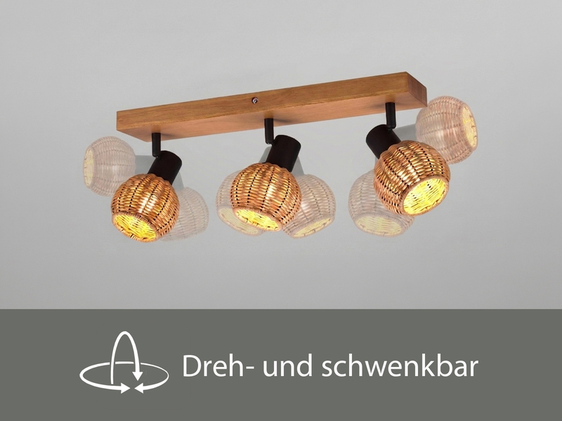 Deckenstrahler TAVAR 3-flammig Holz mit Rattan Korbgeflecht, Breite 50cm