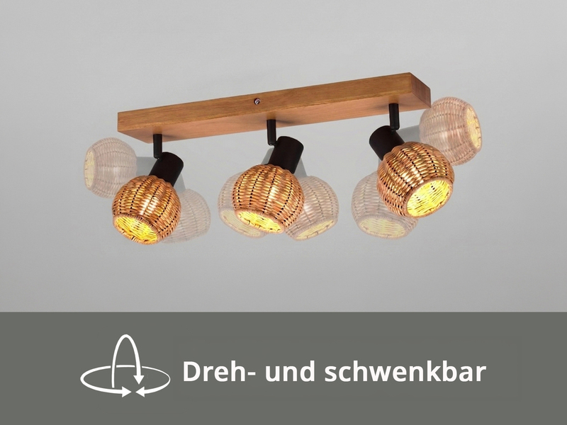 Deckenstrahler TAVAR 3-flammig Holz mit Rattan Korbgeflecht, Breite 50cm