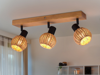 Deckenstrahler TAVAR 3-flammig Holz mit Rattan Korbgeflecht, Breite 50cm