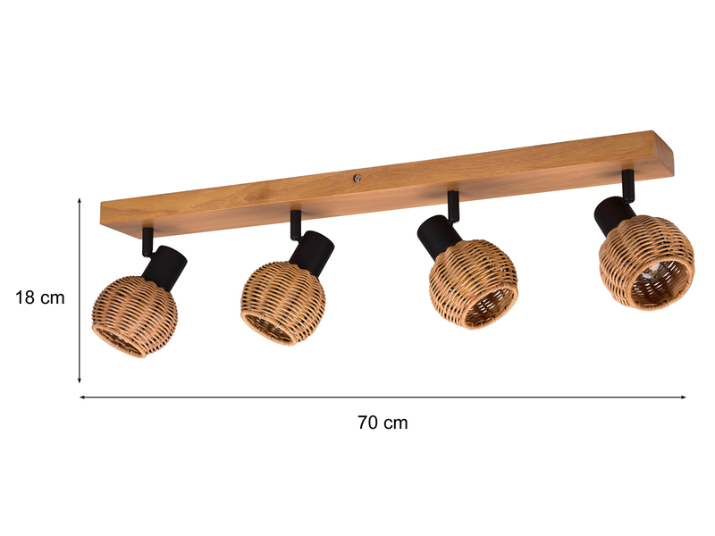 Deckenstrahler TAVAR 4-flammig Holz mit Rattan Korbgeflecht, Breite 70cm