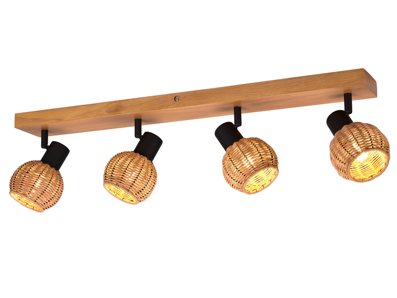 Deckenstrahler TAVAR 4-flammig Holz mit Rattan Korbgeflecht, Breite 70cm