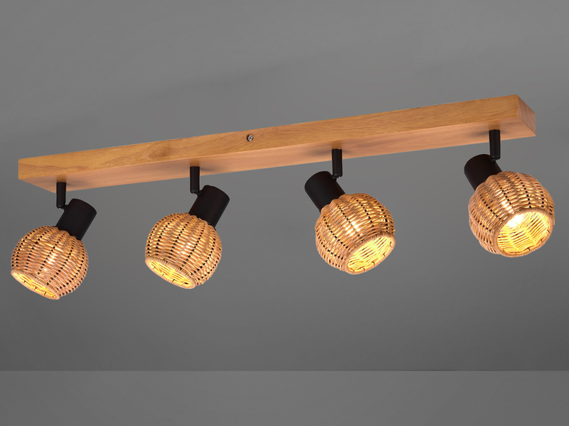 Deckenstrahler TAVAR 4-flammig Holz mit Rattan Korbgeflecht, Breite 70cm