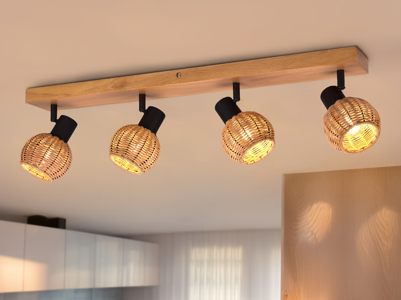 Deckenstrahler TAVAR 4-flammig Holz mit Rattan Korbgeflecht, Breite 70cm