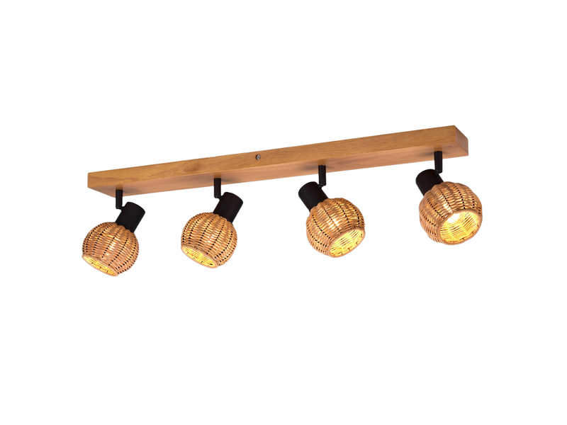Deckenstrahler TAVAR 4-flammig Holz mit Rattan Korbgeflecht, Breite 70cm