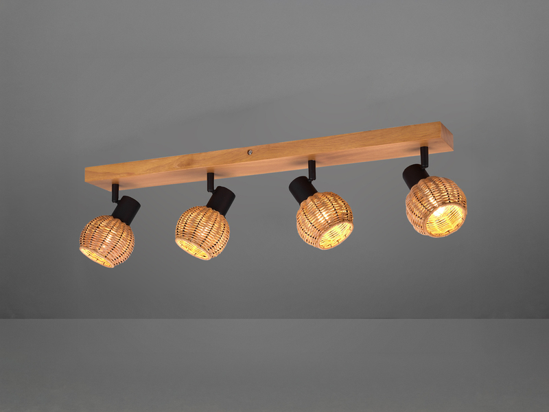 Deckenstrahler TAVAR 4-flammig Holz mit Rattan Korbgeflecht, Breite 70cm
