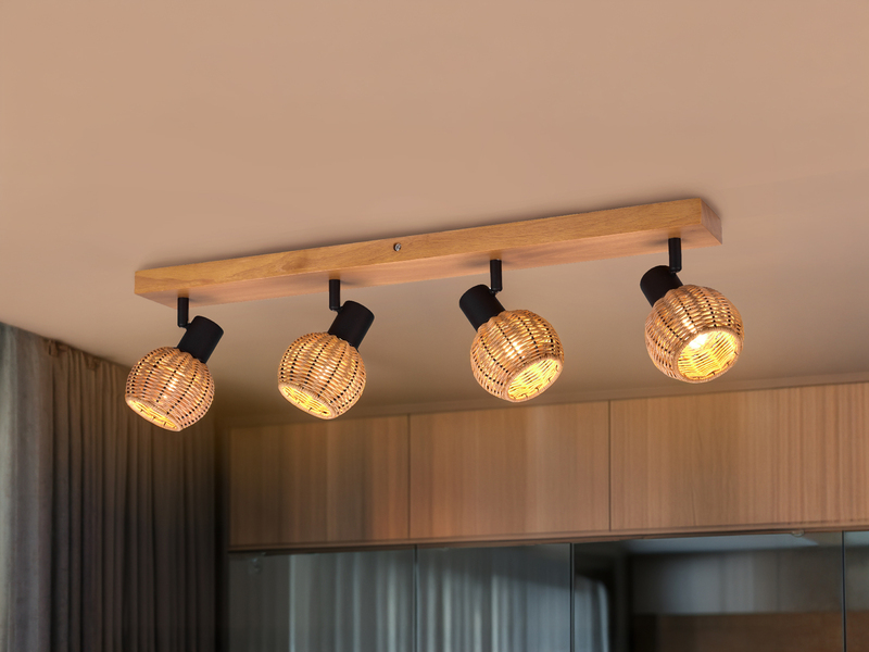 Deckenstrahler TAVAR 4-flammig Holz mit Rattan Korbgeflecht, Breite 70cm