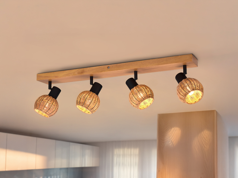 Deckenstrahler TAVAR 4-flammig Holz mit Rattan Korbgeflecht, Breite 70cm