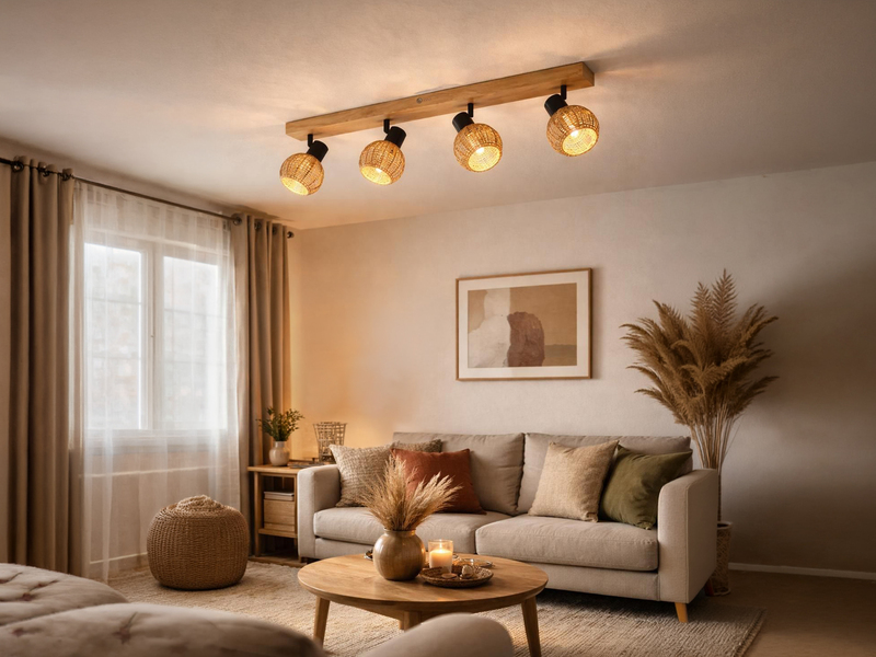 Deckenstrahler TAVAR 4-flammig Holz mit Rattan Korbgeflecht, Breite 70cm