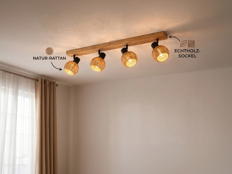 Deckenstrahler TAVAR 4-flammig Holz mit Rattan Korbgeflecht, Breite 70cm