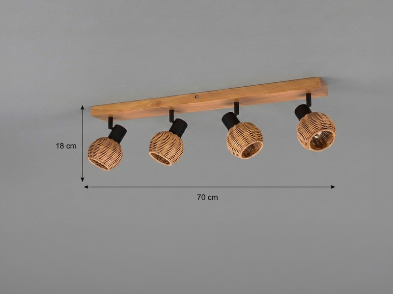 Deckenstrahler TAVAR 4-flammig Holz mit Rattan Korbgeflecht, Breite 70cm