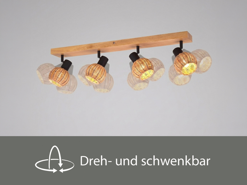 Deckenstrahler TAVAR 4-flammig Holz mit Rattan Korbgeflecht, Breite 70cm