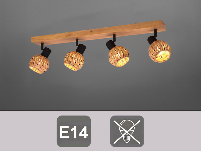 Deckenstrahler TAVAR 4-flammig Holz mit Rattan Korbgeflecht, Breite 70cm