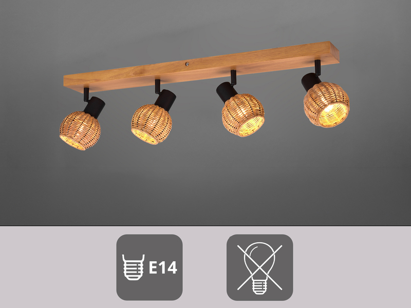 Deckenstrahler TAVAR 4-flammig Holz mit Rattan Korbgeflecht, Breite 70cm