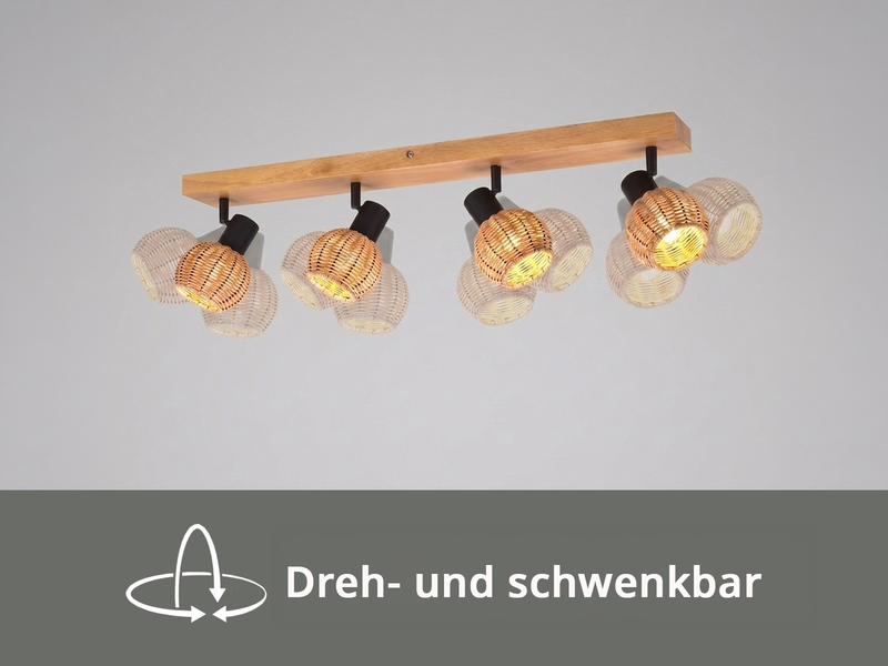 Deckenstrahler TAVAR 4-flammig Holz mit Rattan Korbgeflecht, Breite 70cm