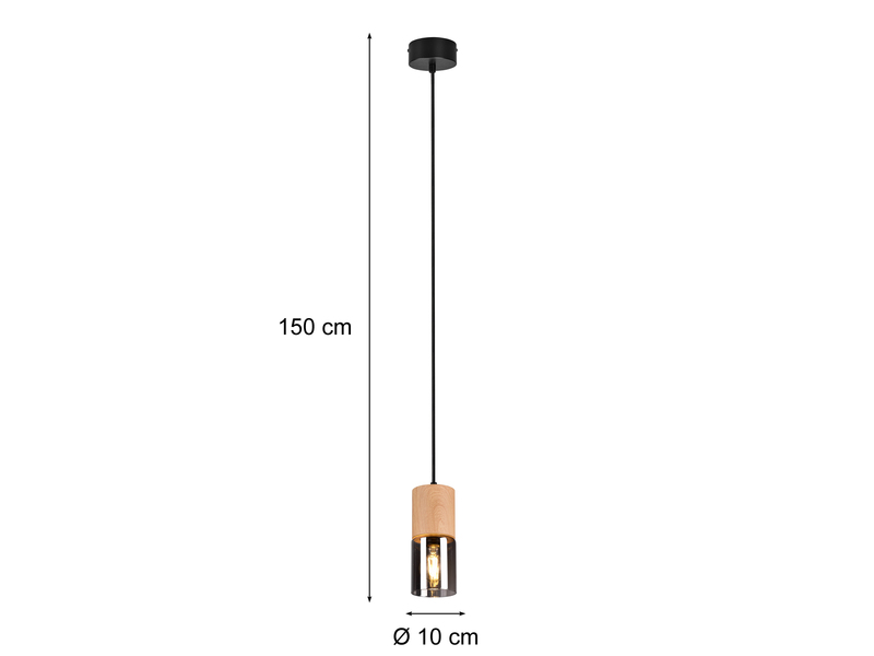 Kleine Pendelleuchte YELLE 1-flammig Lampenschirm Holz & Rauchglas Ø 10cm