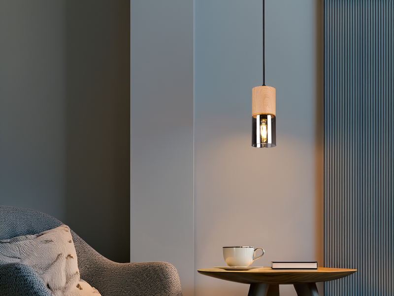 Kleine Pendelleuchte YELLE 1-flammig Lampenschirm Holz & Rauchglas Ø 10cm