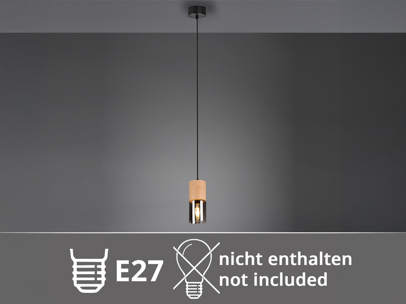 Kleine Pendelleuchte YELLE 1-flammig Lampenschirm Holz & Rauchglas, Ø 10cm